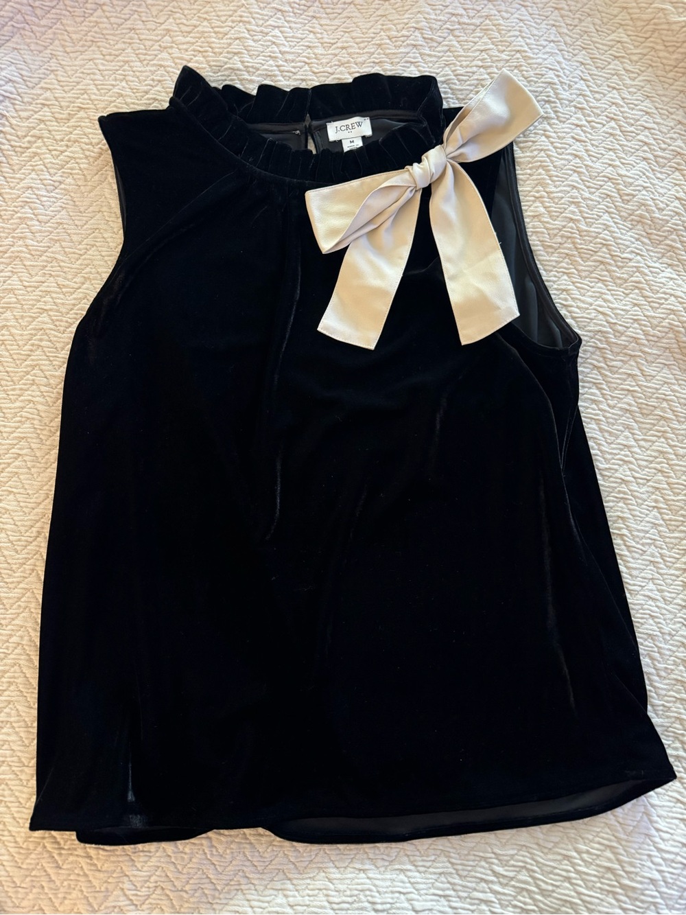 J. Crew Black Velvet Sleeveless Top with Cream Bow